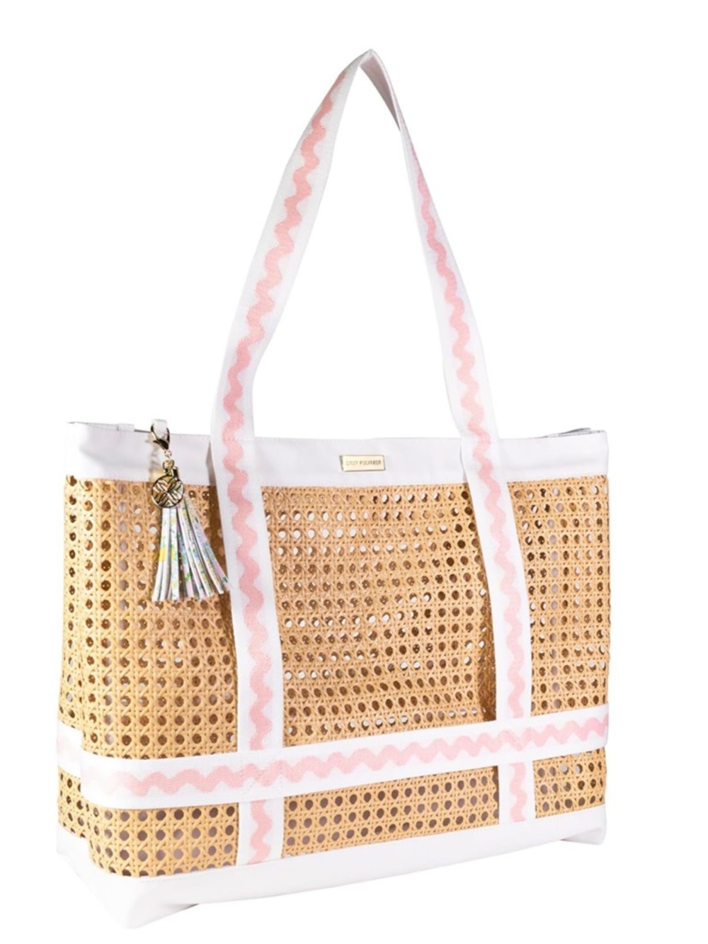 New Lilly Pulitzer Natural Woven Large Travel Tote with Pink & White Trim